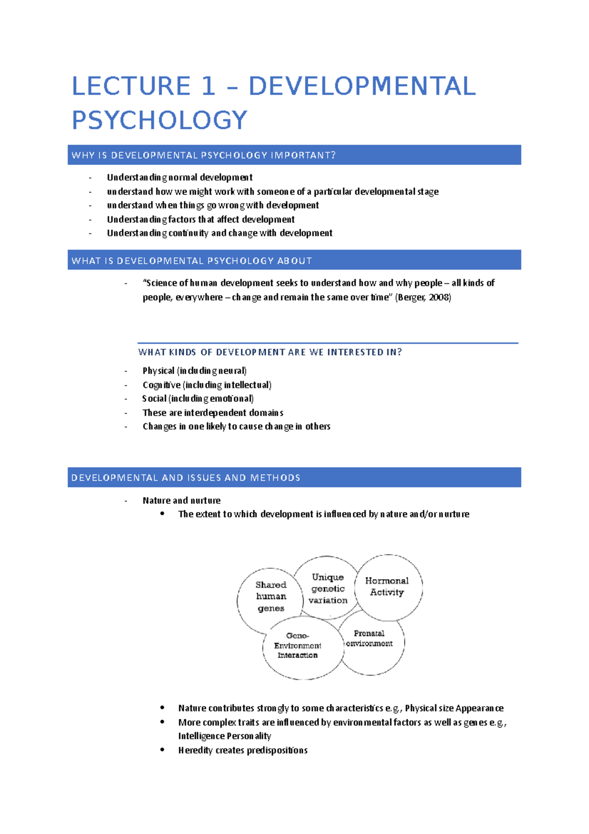 Developmental Psychology Lecture 1 Notes - LECTURE 1 – DEVELOPMENTAL ...