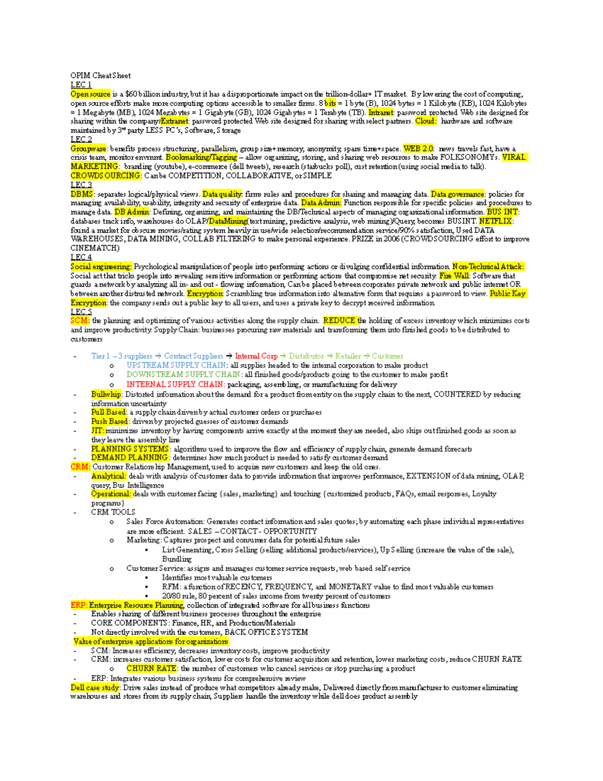 Business Information Systems - cheat sheet - OPIM Cheat Sheet LEC 1 ...