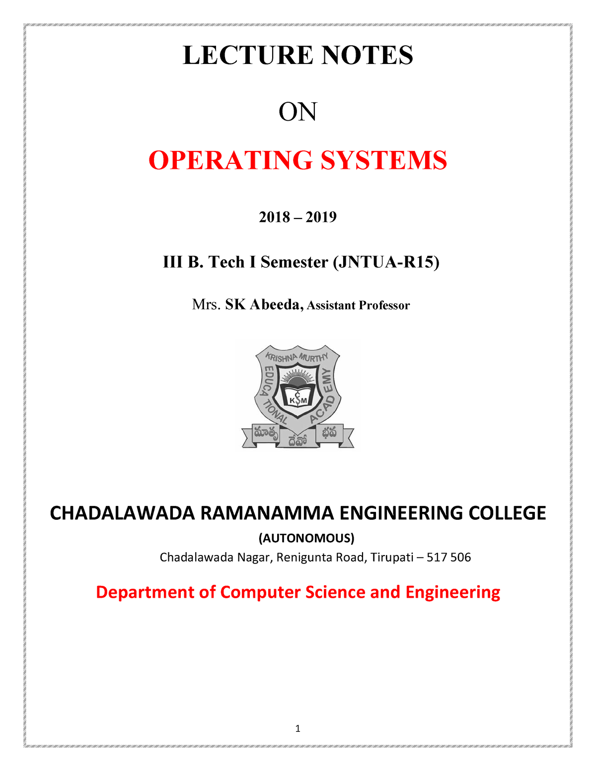 Operating Systems Lecture Notes - LECTURE NOTES ON OPERATING SYSTEMS ...