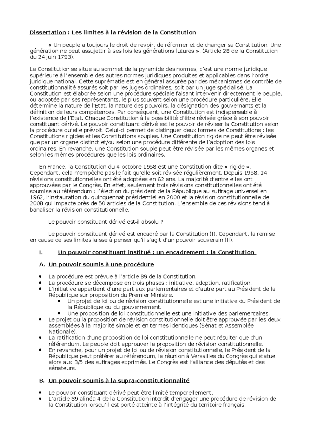 La Révision Constitutionnelle Du 6 Novembre 1962 Dissertation Copie de Dissertation TD4 - Dissertation : Les limites à la révision de la  Constitution « Un peuple - Studocu