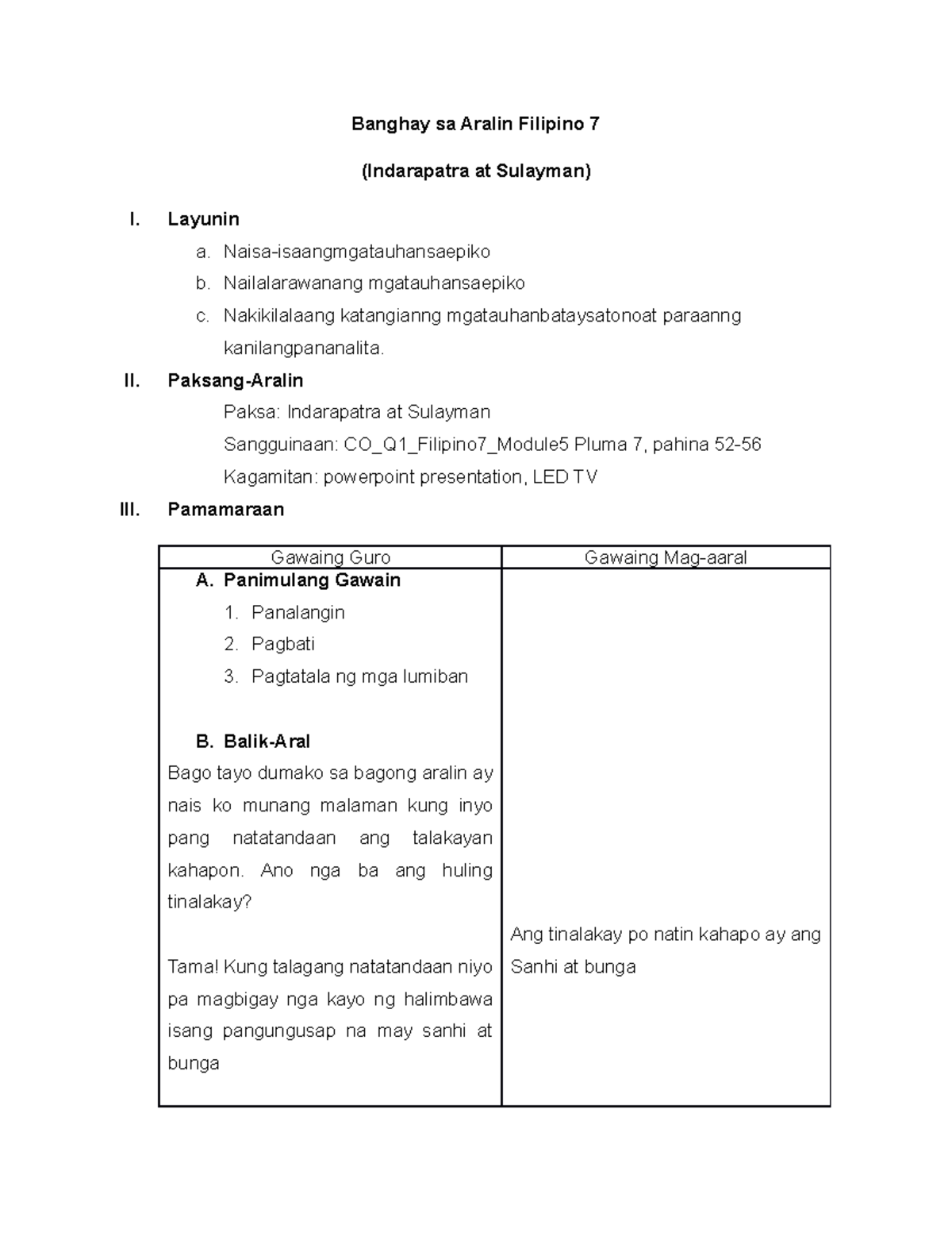 Banghay sa Aralin Indarapatra at Sulayman Banghay sa Aralin