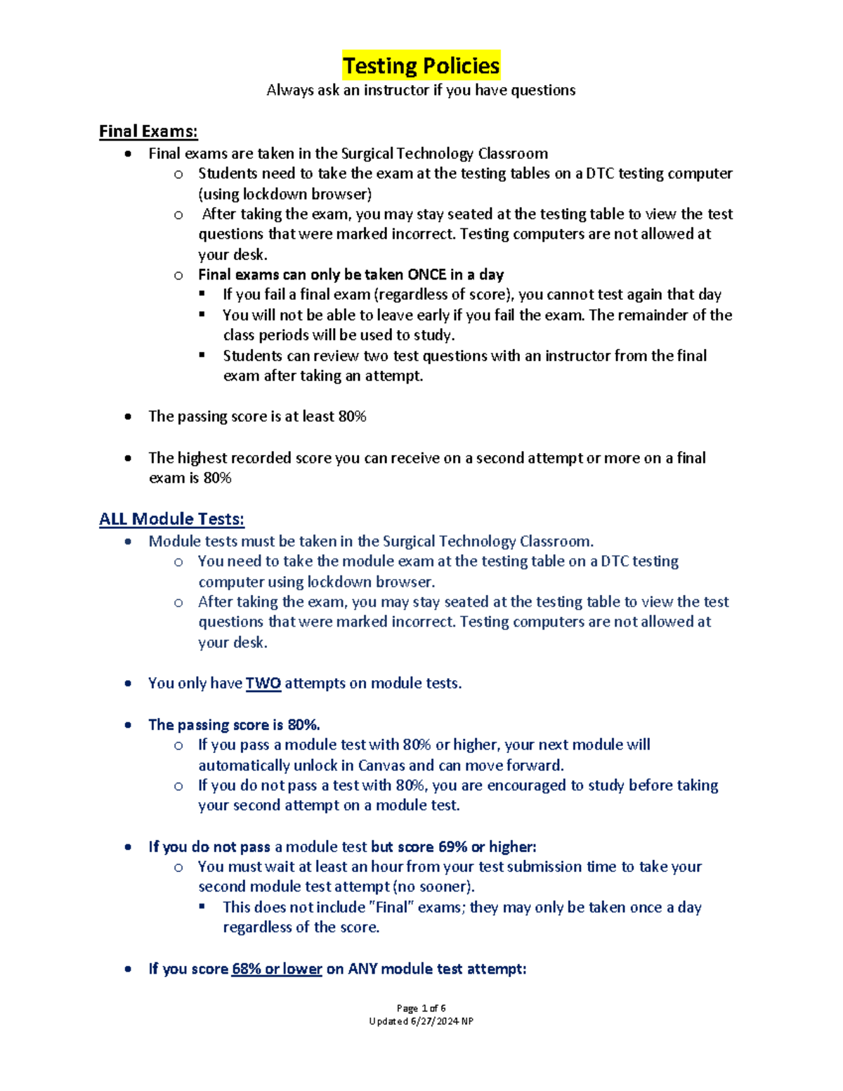 Testing policies for updated FY 25 Courses - Always ask an instructor ...
