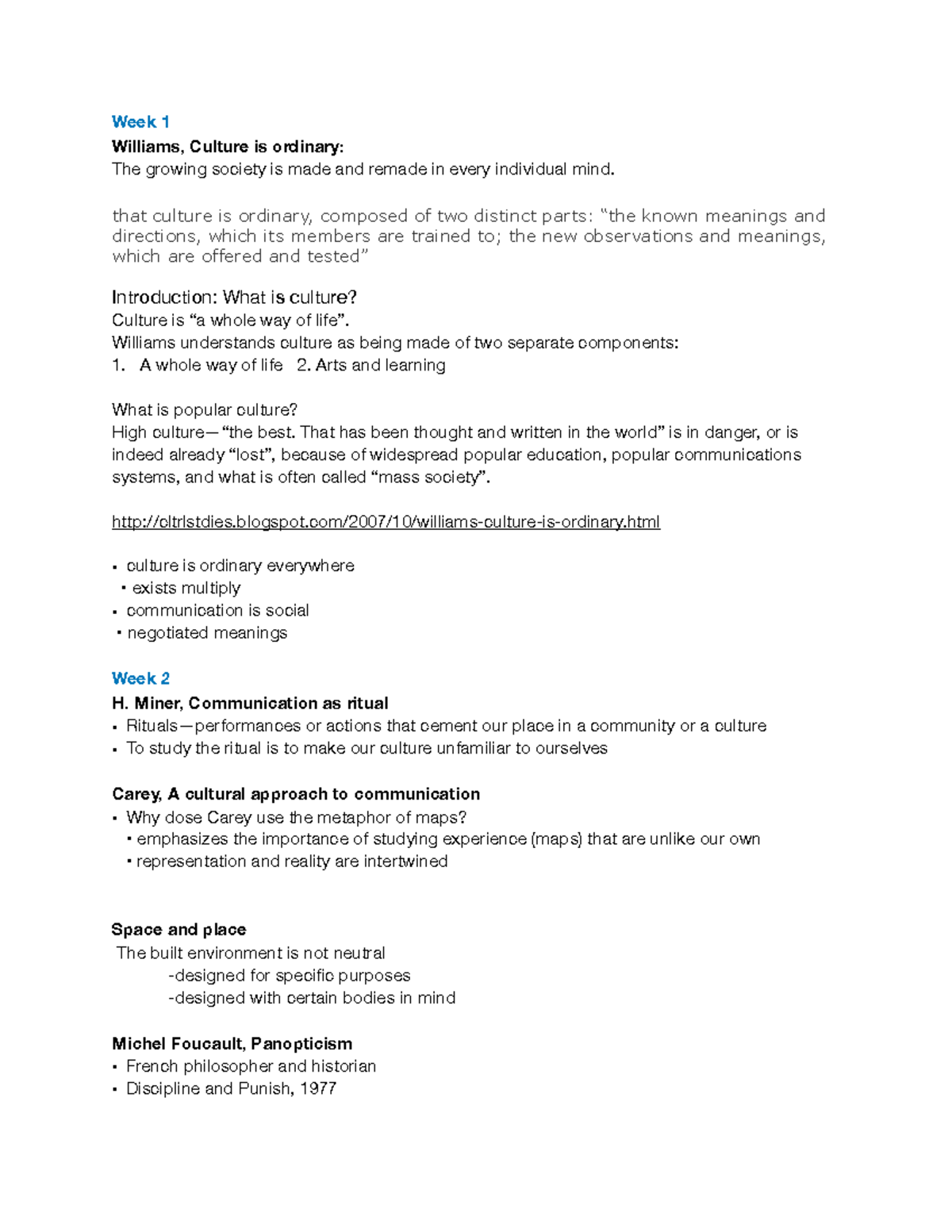 Comm 206 - Professor Cristina Visperas - Week 1 Williams, Culture is ...