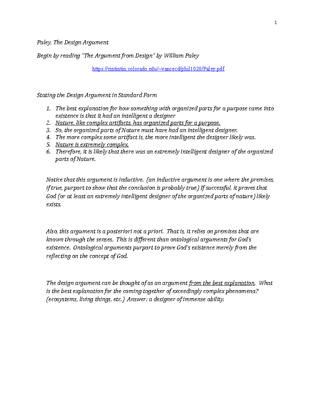 Lecture outline on the design argument and the problem of evil - Paley ...