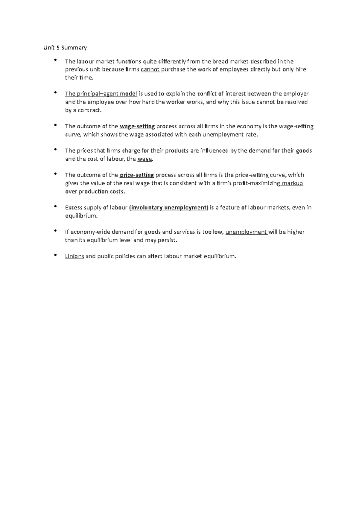 Unit 9 Summary - Unit 9 Summary The labour market functions quite ...