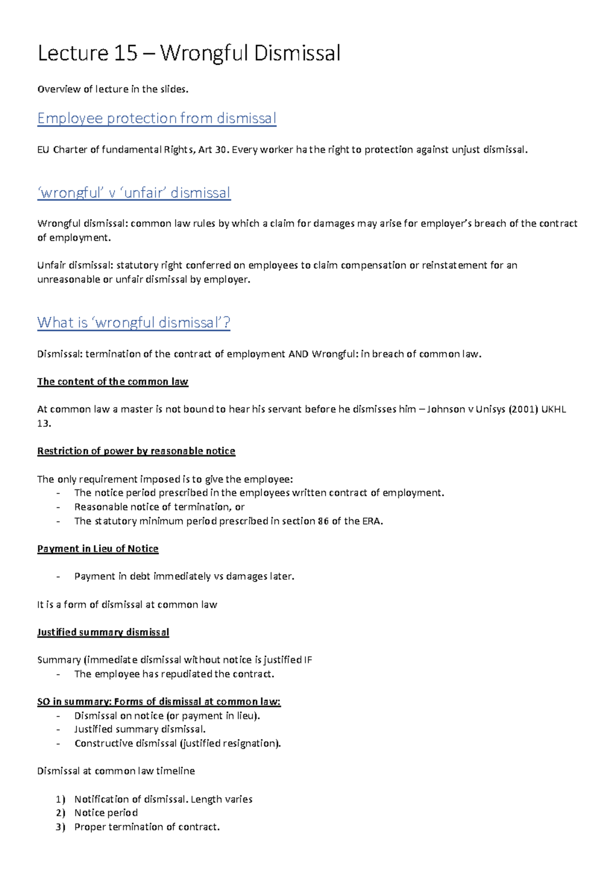 Wrongful Dismissal Lecture 15 notes - Lecture 15 – Wrongful Dismissal ...