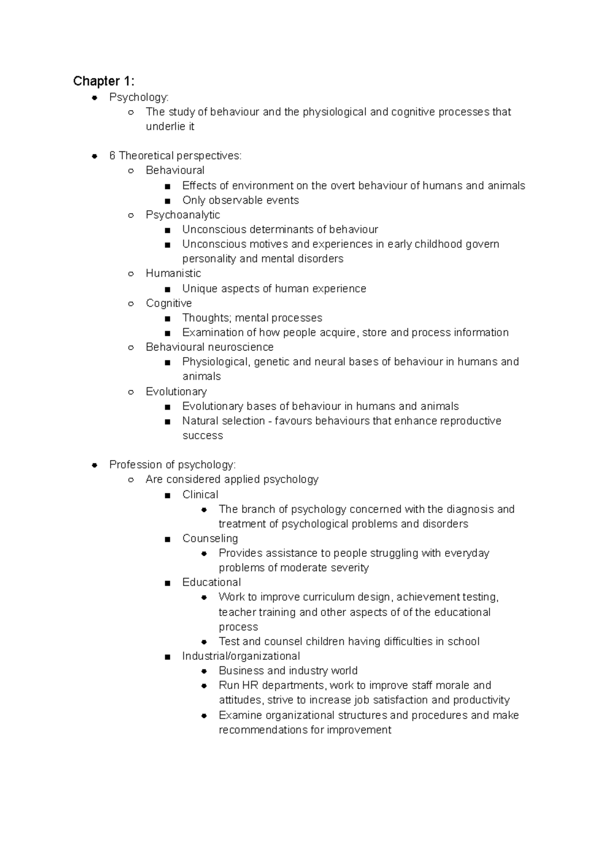 Midterm 1 Review Notes - Chapter 1: Psychology: The Study Of Behaviour ...