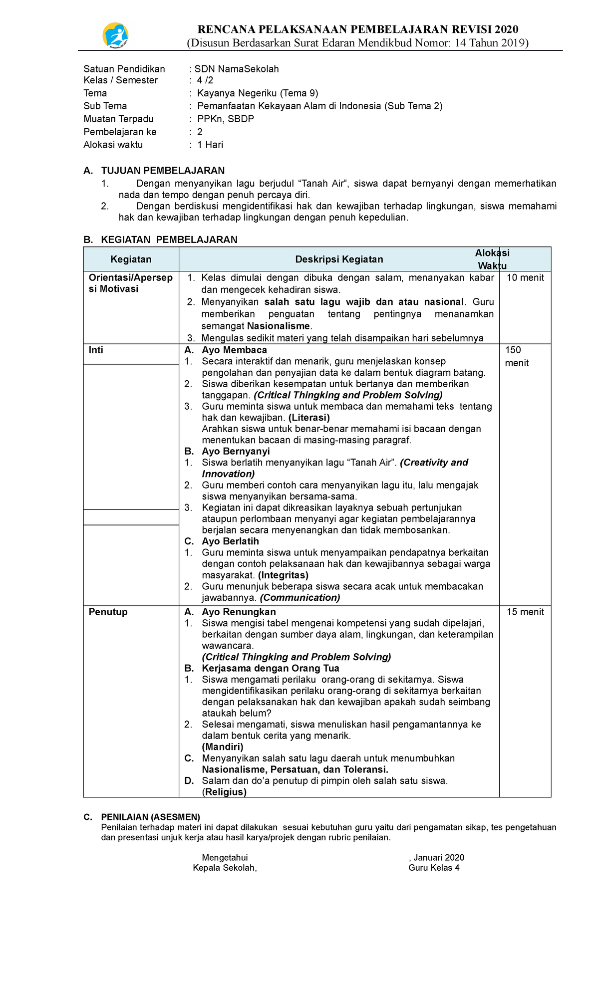 RPP 1L Rev2020 Kelas 4 Tema 9.2.2 (Ref Buku Tematik 4 Kemdikbud Revisi ...