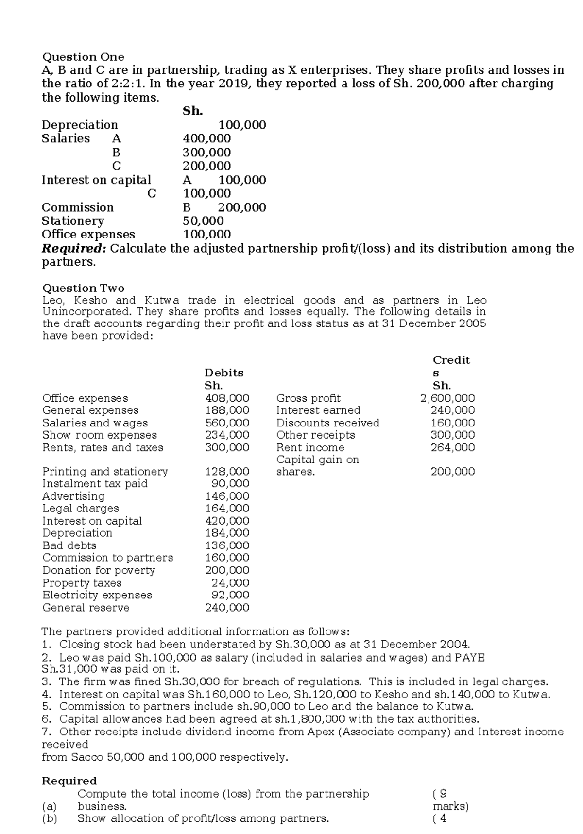 Business Income-Partnership II - Question One A, B and C are in ...
