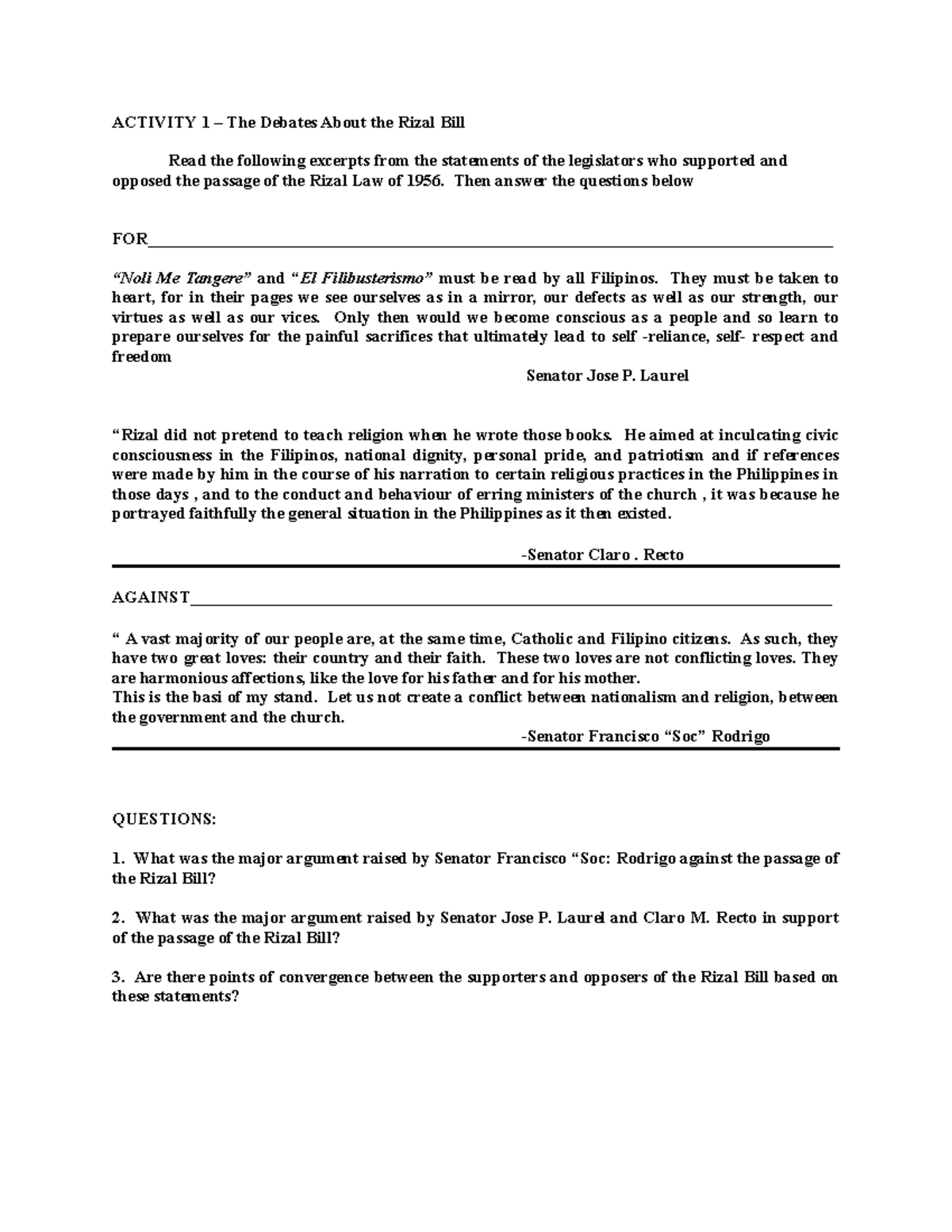 Activity 1 Life And Works Of Rizal - ACTIVITY 1 – The Debates About The ...