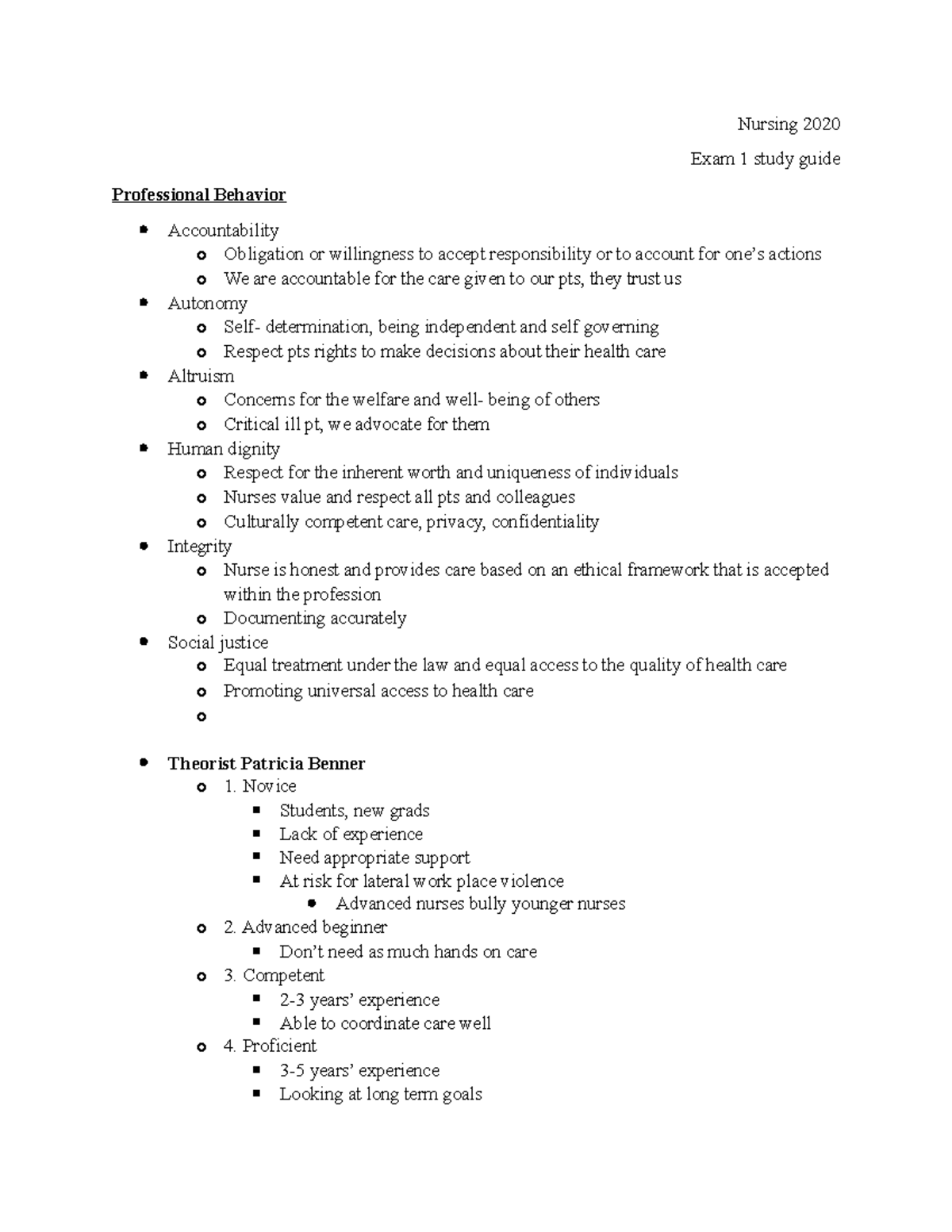 Nursing 2020 exam 1 study guide - Nursing 2020 Exam 1 study guide ...