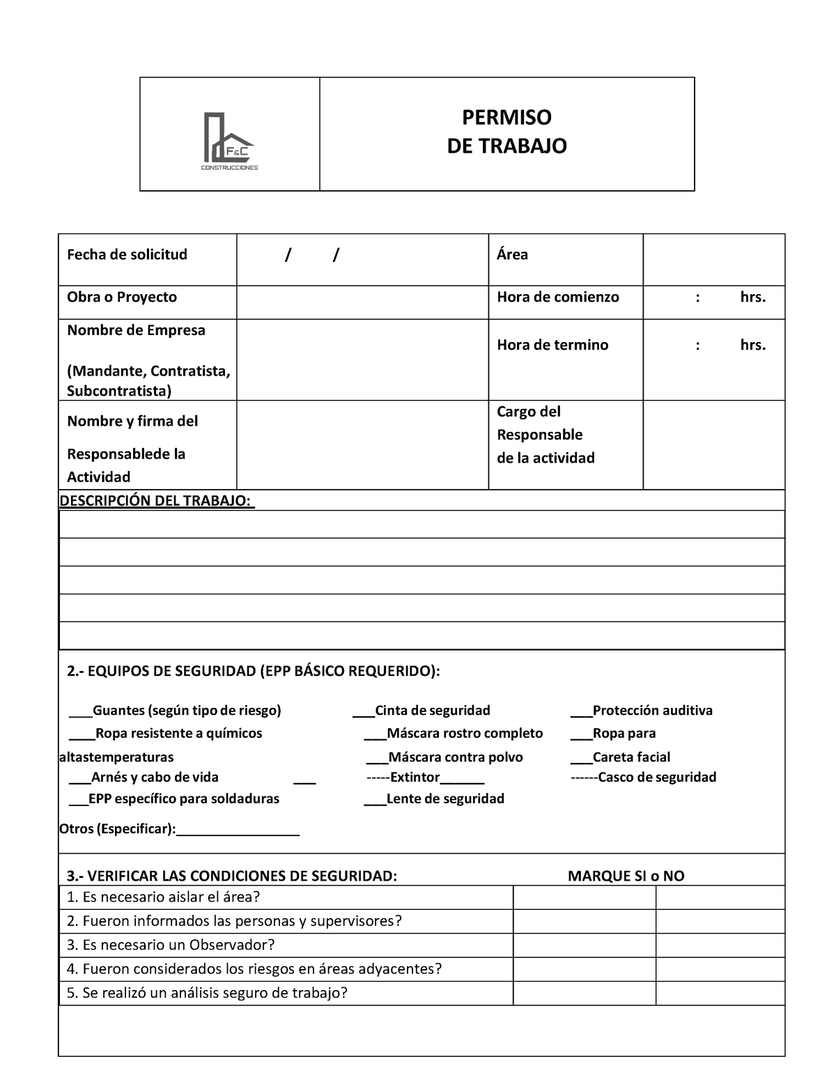 Permiso De Trabajo Formato Permiso De Trabajo Fecha De Solicitud ¡rea Obra O Proyecto Hora 4101