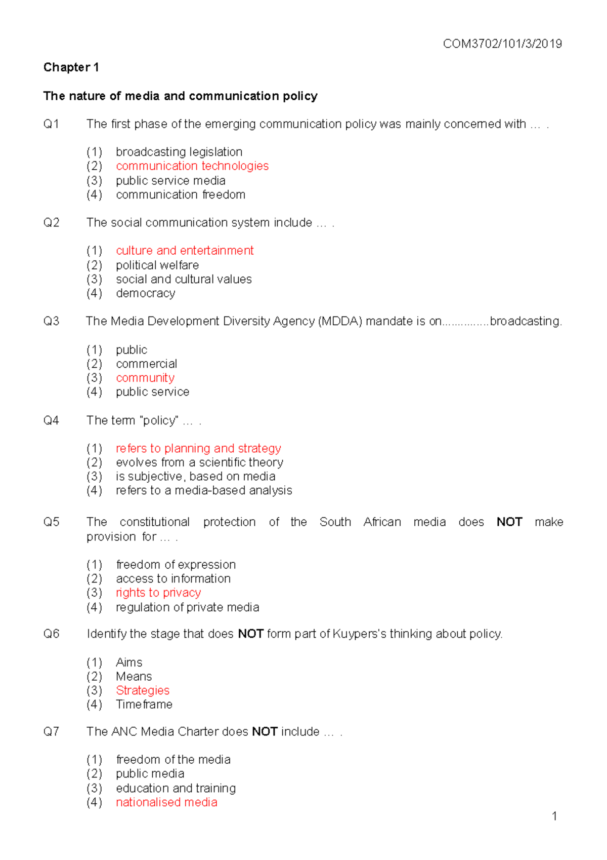 COM3702 Exam Prep MCQ Chapter 1 The nature of media and communication