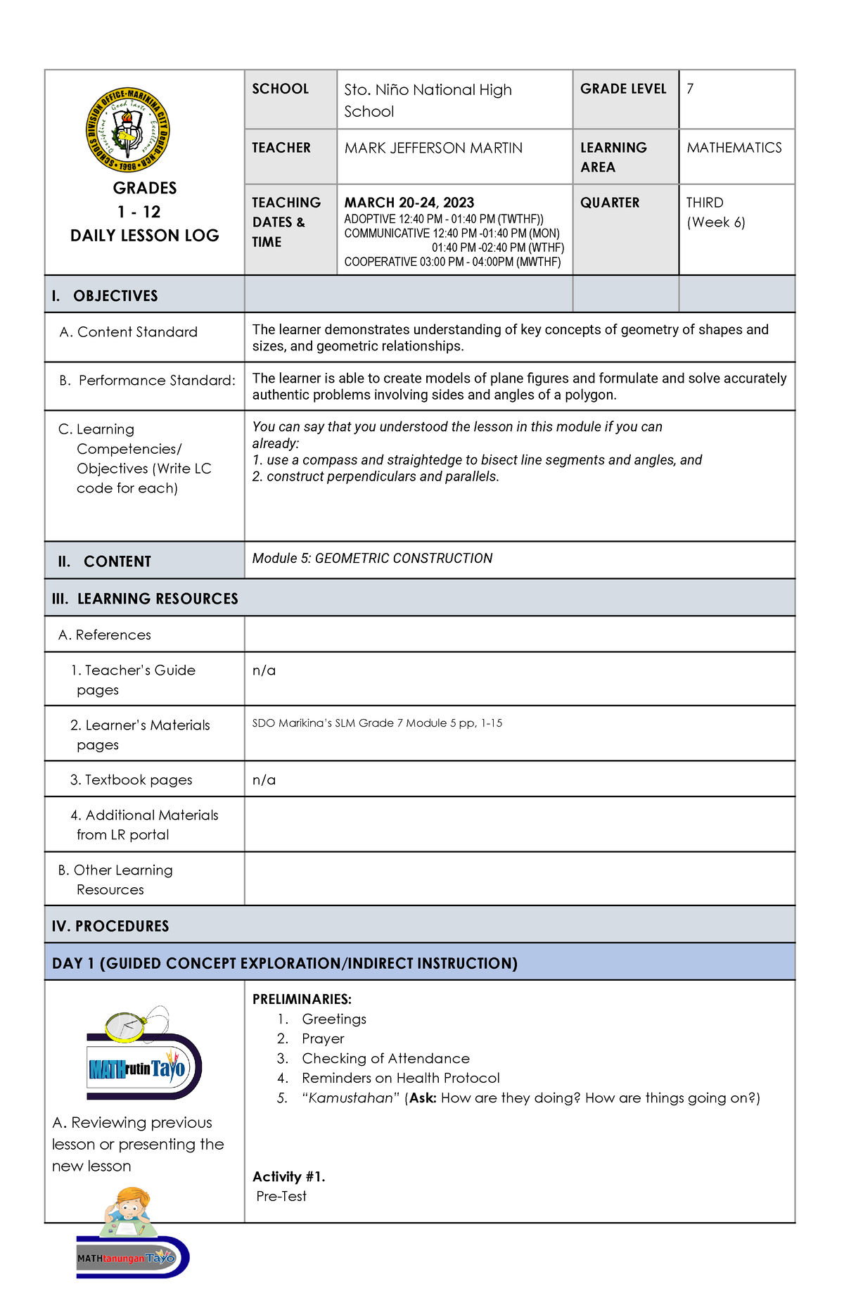 Copy of MATH WLP Q3 W6 (Grade 7) - GRADES 1 - 12 DAILY LESSON LOG ...