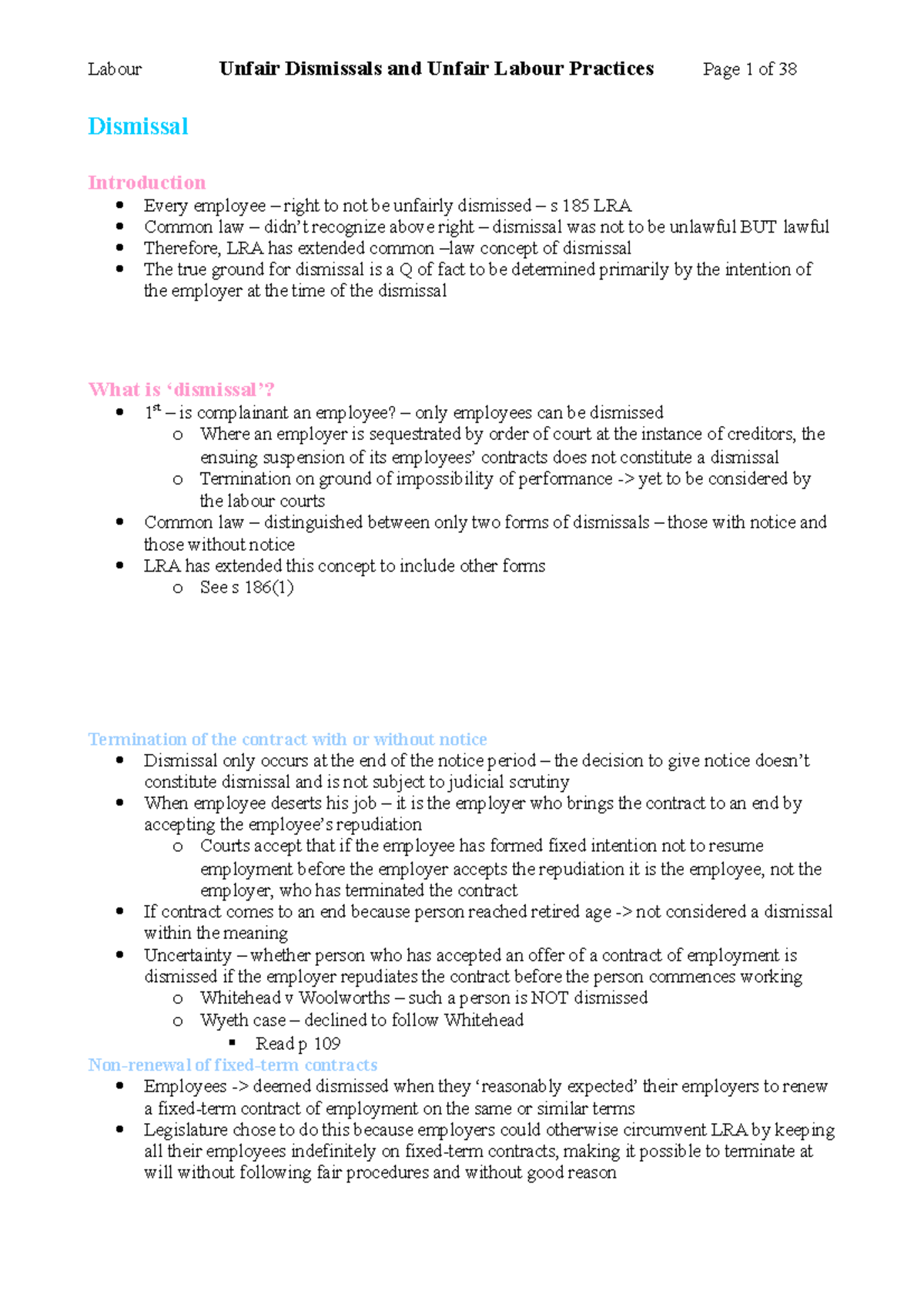 dismissals-summary-labour-law-unfair-dismissals-and-unfair-labour