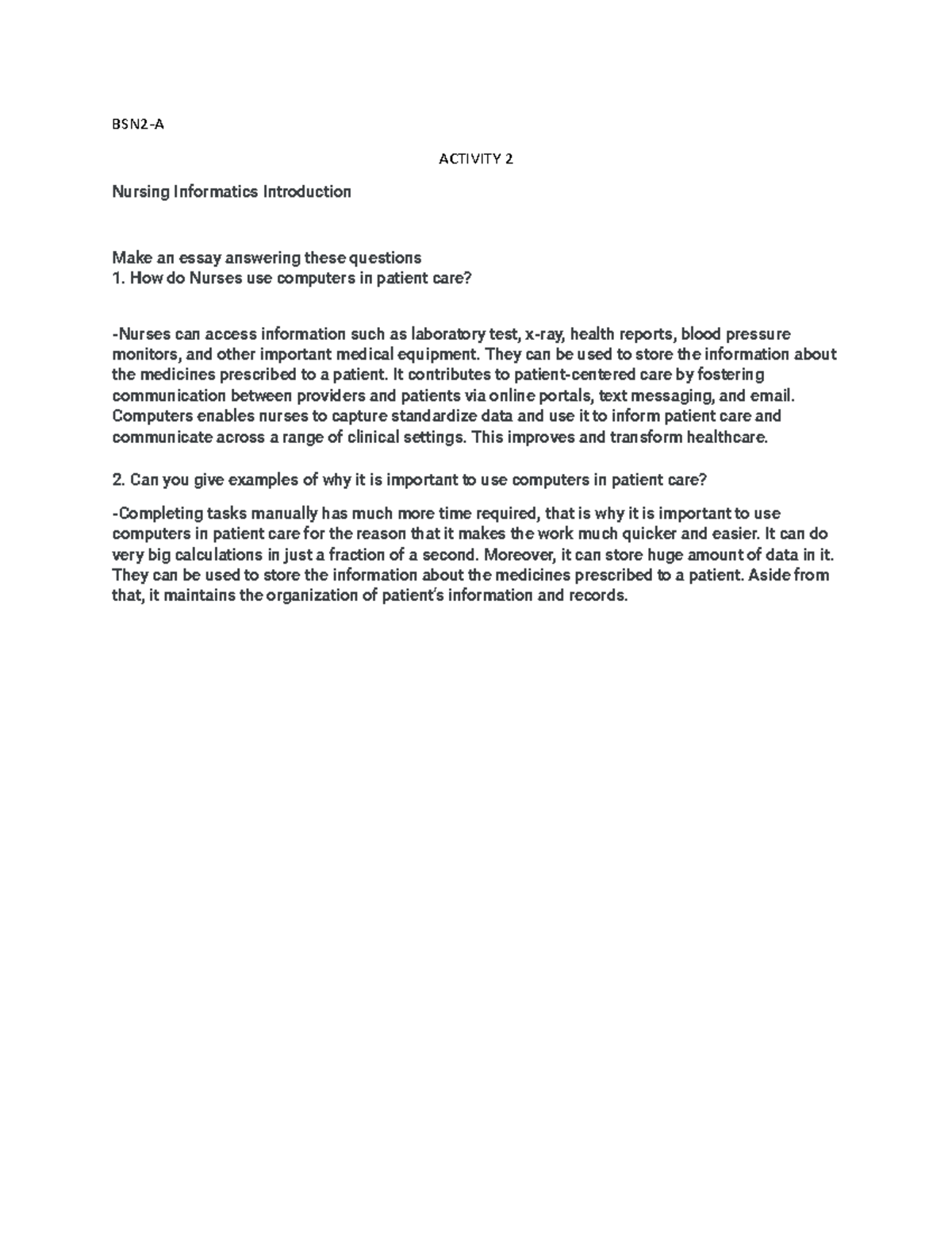 Activity 2 NURSING - BSN2-A ACTIVITY 2 Nursing Informatics Introduction ...