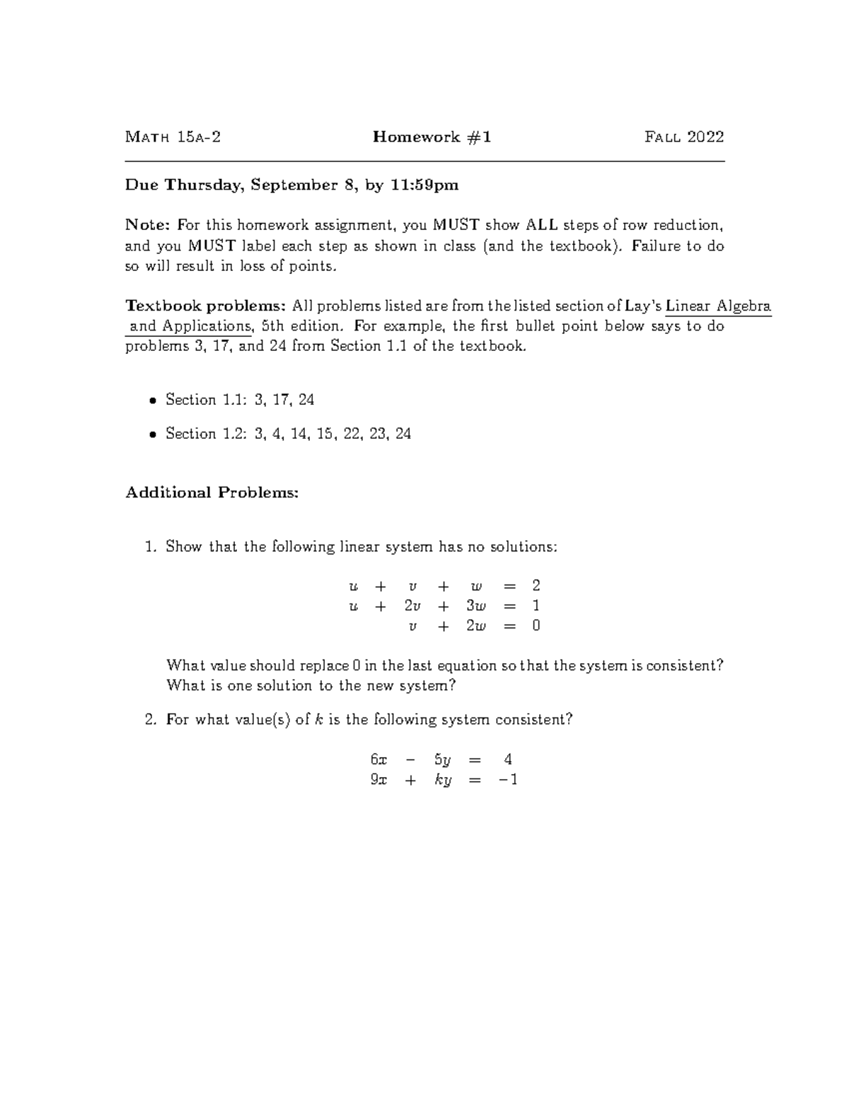 HW 1 F22 - Carolyn - Math 15a-2 Homework #1 Fall 2022 Due Thursday ...