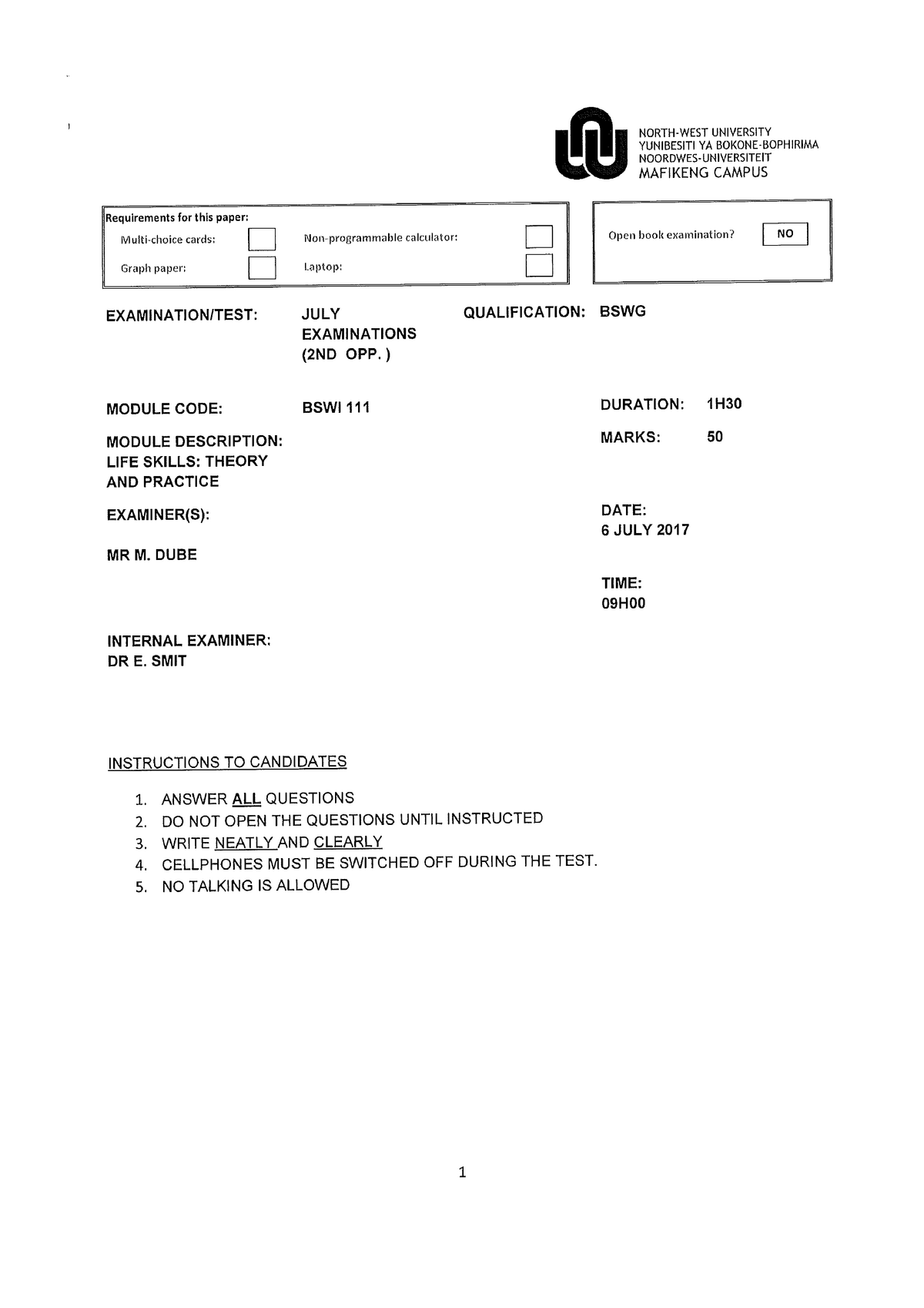 Exam June 2017, Questions - NORTH-WEST UNIVERSITY YUNIBESITI YA BOKONE ...
