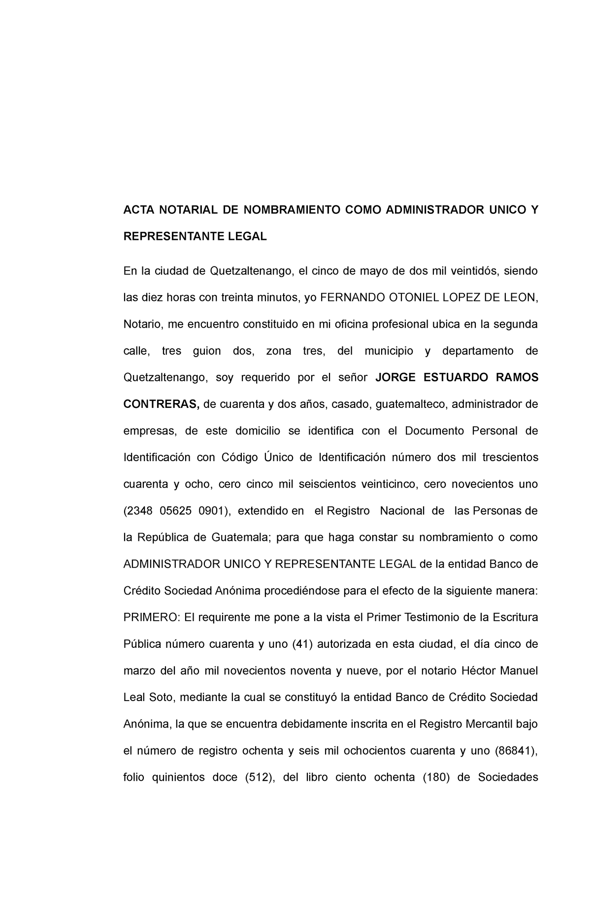 Acta Notarial De Nombramiento Como Administrador Unico Y Representante