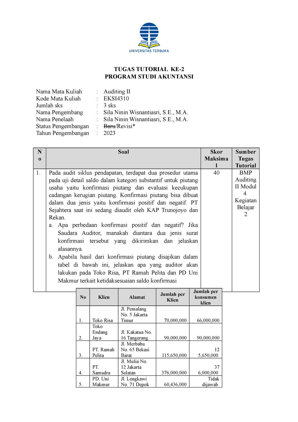 Soal Tugas 2 Auditing II - TUGAS TUTORIAL KE- 2 PROGRAM STUDI AKUNTANSI ...