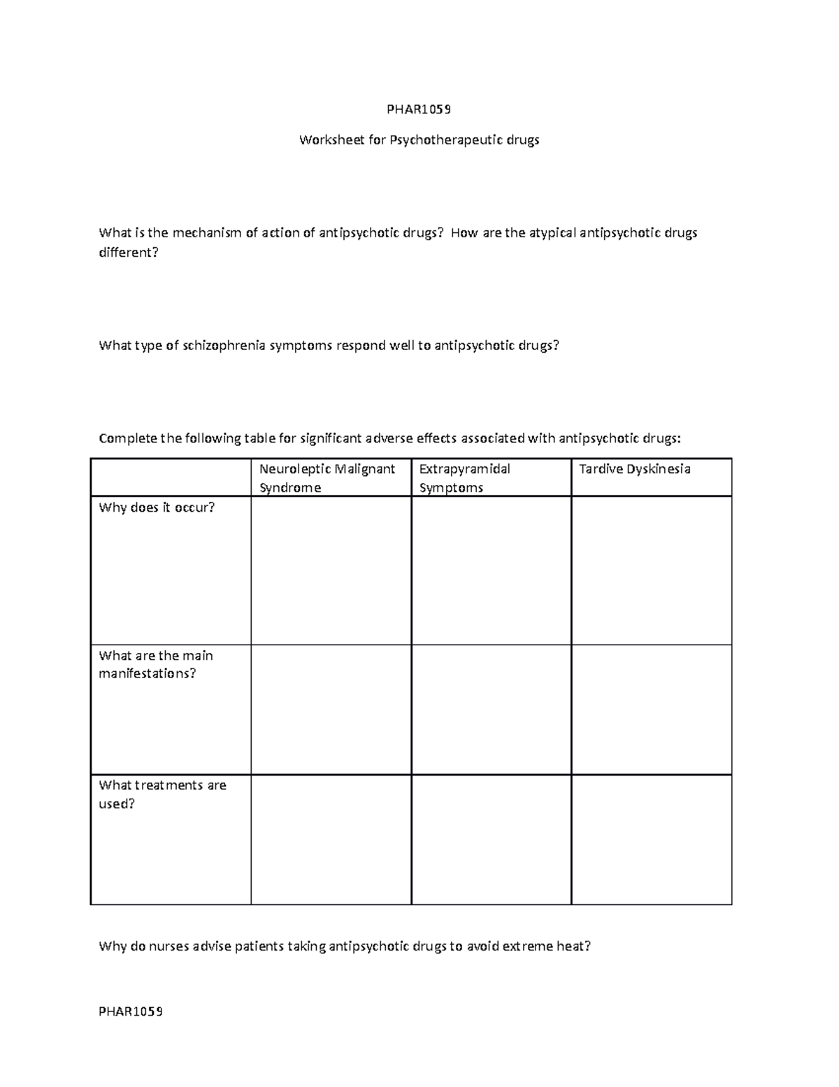 Mental Health Drugs Worksheet - PHAR Worksheet For Psychotherapeutic ...