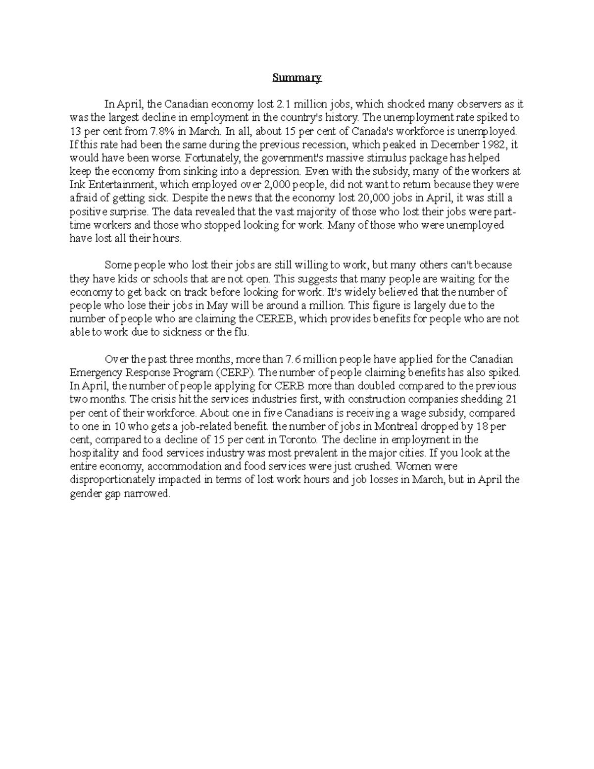 Term Paper - Assignment - Summary In April, the Canadian economy lost 2 ...