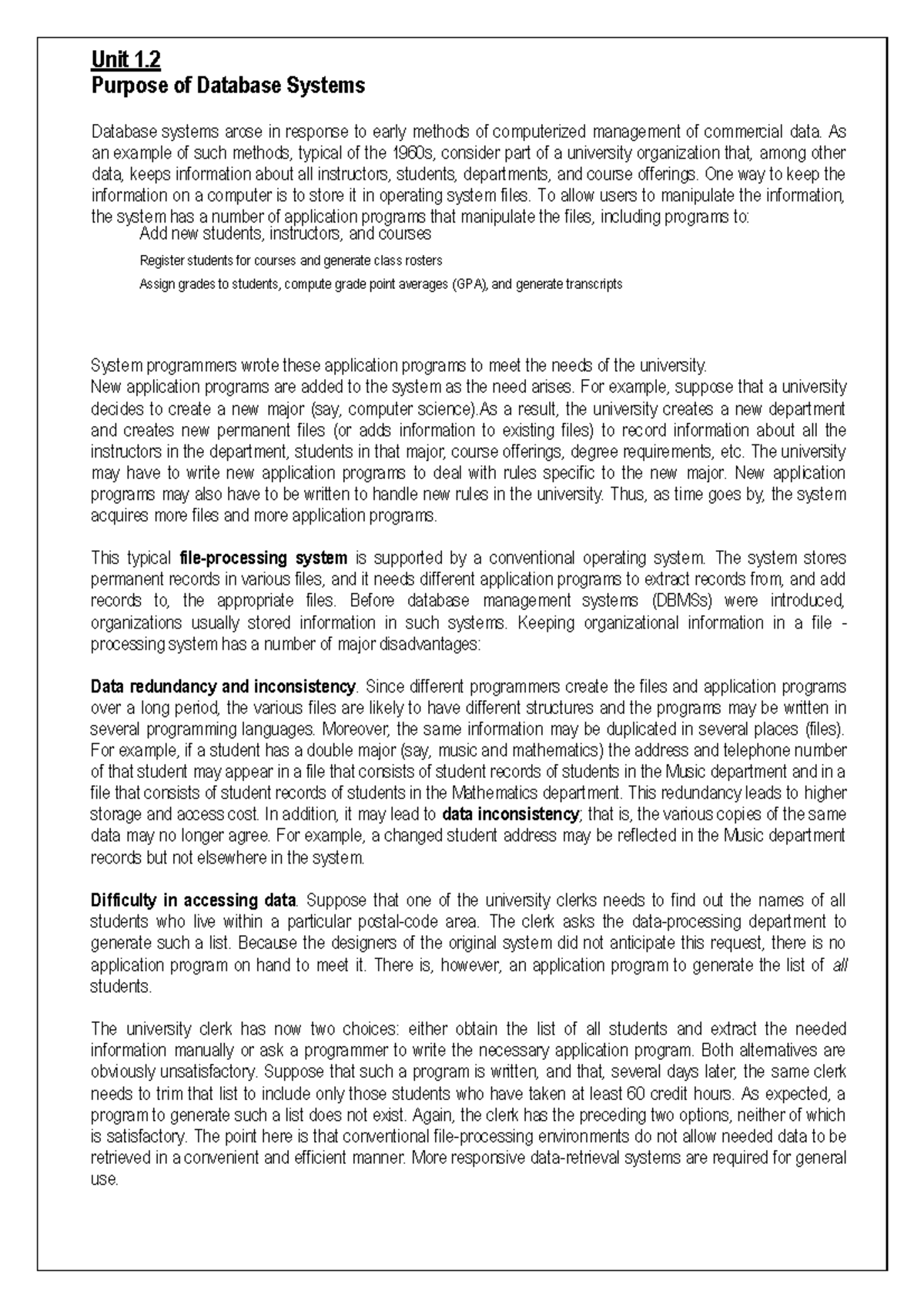 Unit 1 Its Short Point Notes Unit 1 Purpose Of Database Systems 