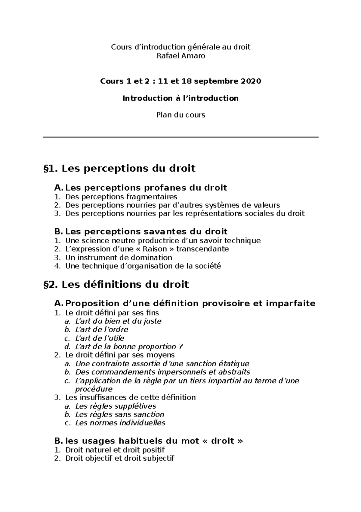 Cours 1 Et 2 Intro PLAN - Cours D’introduction Générale Au Droit Rafael ...