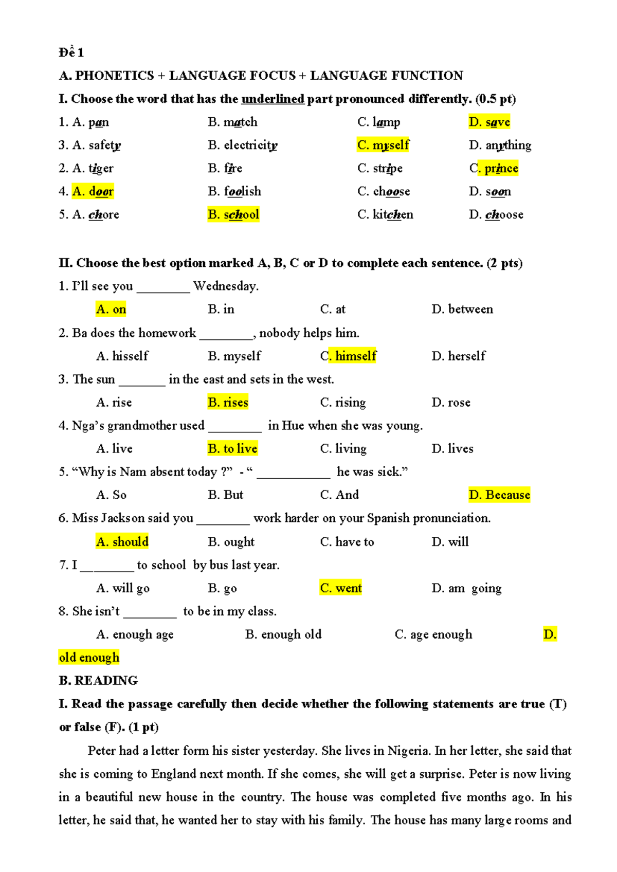 De thi giua hoc ki 1 mon tieng anh lop 8 3 - Đề 1 A. PHONETICS ...