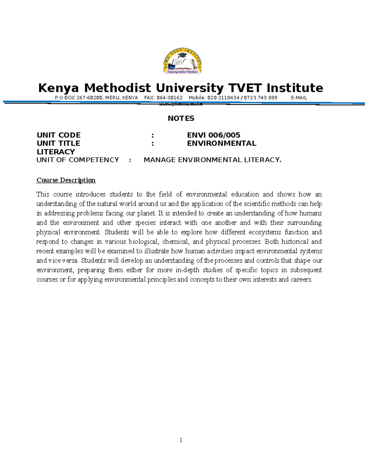 Environmental Literacy - Kenya Methodist University TVET Institute P O ...