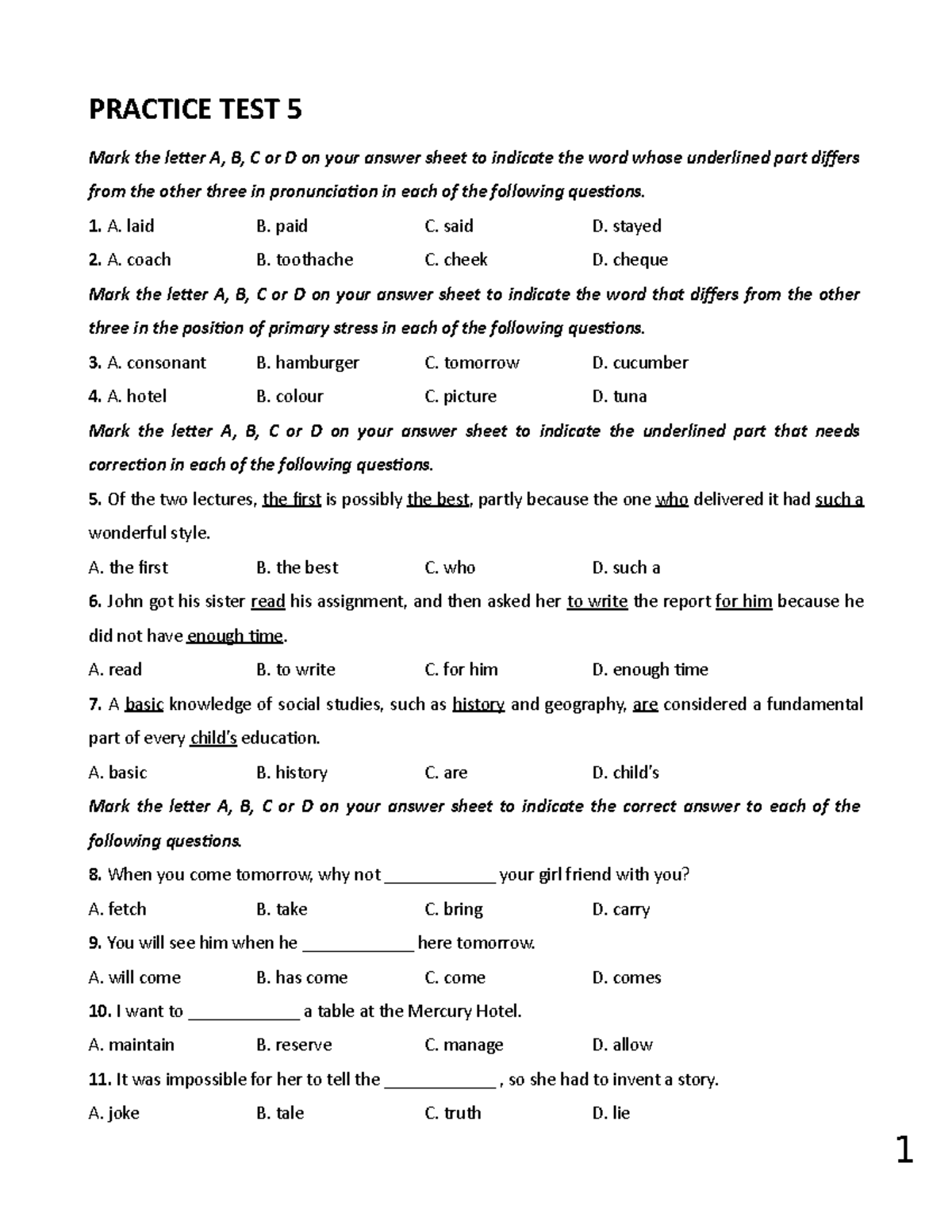  5 ti ng anh practice test 5 mark the letter a b c or d on