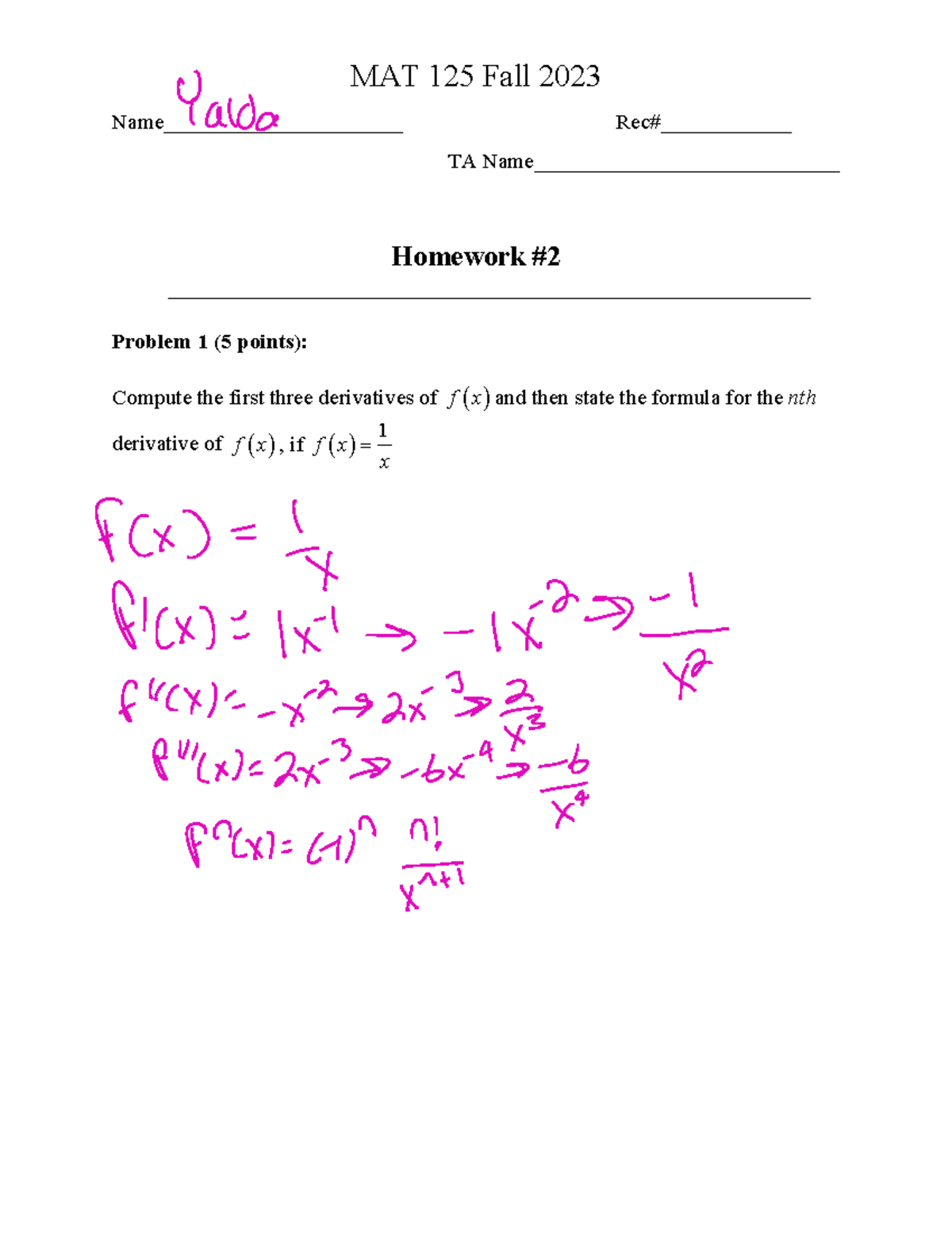 Paper HW 2 for MAT 125 Fall 2023 - MAT 125 Fall 2023 Name ...