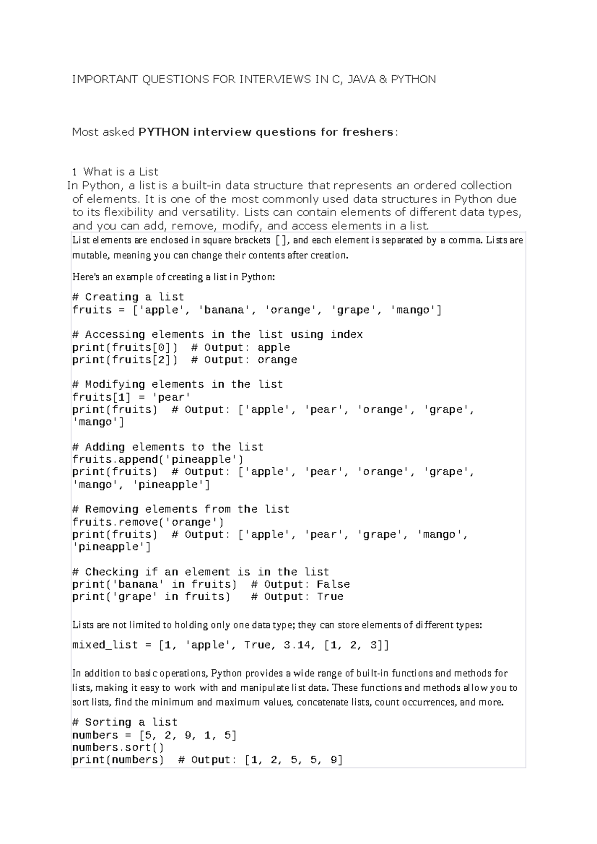 Imp question - python - IMPORTANT QUESTIONS FOR INTERVIEWS IN C, JAVA ...