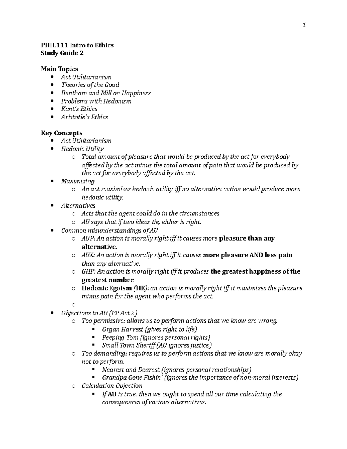 Phil 111 Ethics Study Guide 2 SP19 - 1 Intro to Ethics Study Guide 2 ...