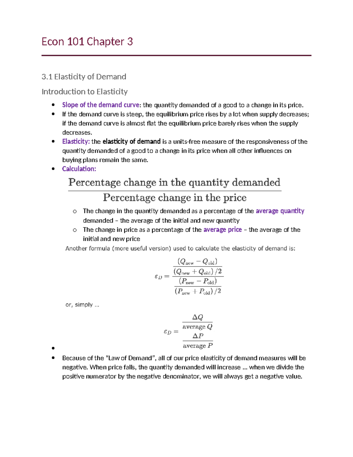 Chapter 3 Notes - Econ 101 Chapter 3 3 Elasticity of Demand ...