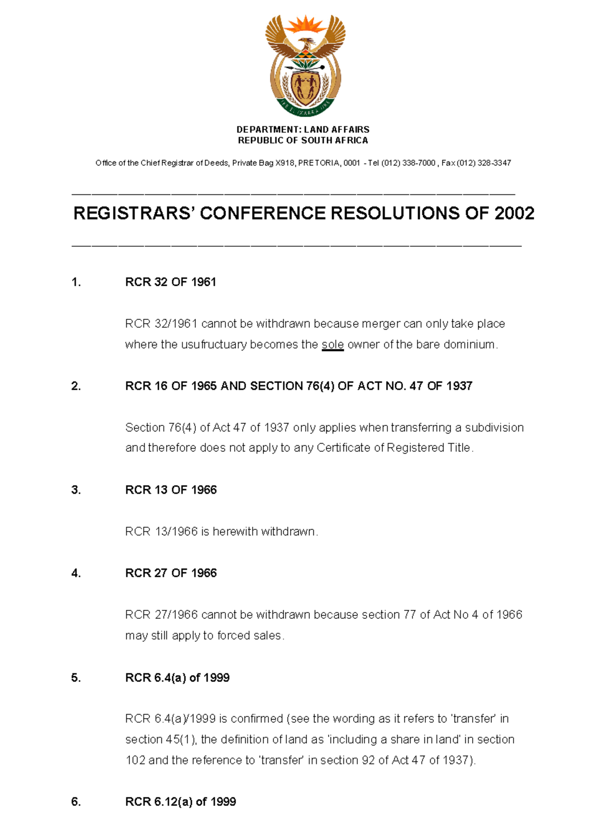 Registrars Conference Resolution 2002 - DEPARTMENT: LAND AFFAIRS ...