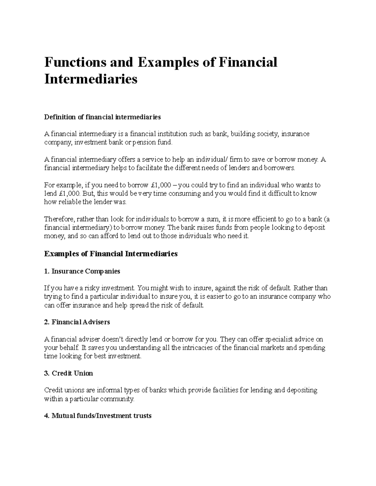 Functions and Examples of Financial Intermediaries - Functions and ...