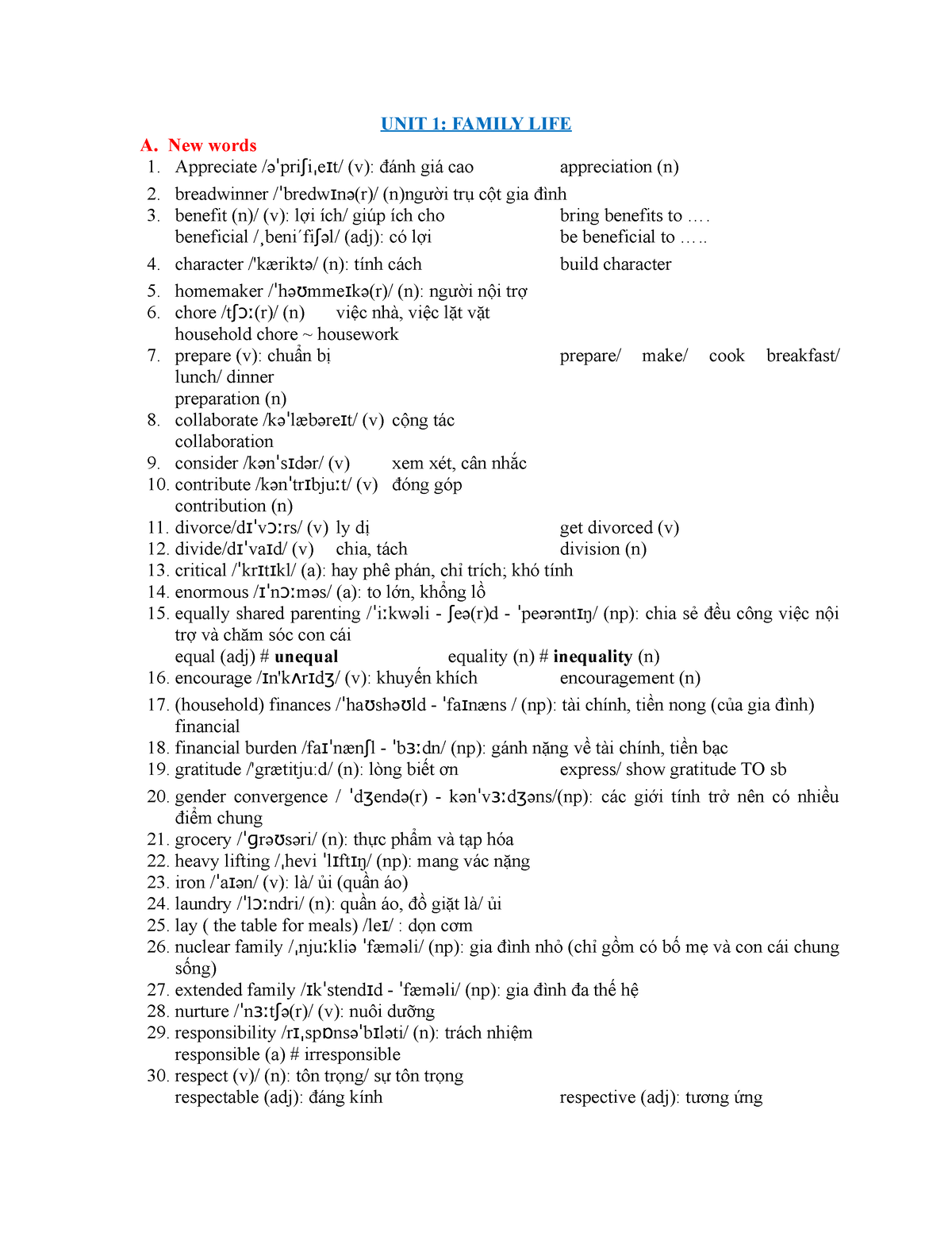 Eng10 U1 - Global Success Grade 10 - UNIT 1: FAMILY LIFE A. New Words 1 ...