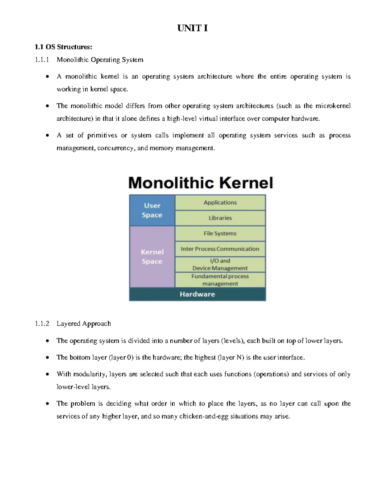 Unit I complete os - UNIT I 1 OS Structures: 1.1 Monolithic Operating ...