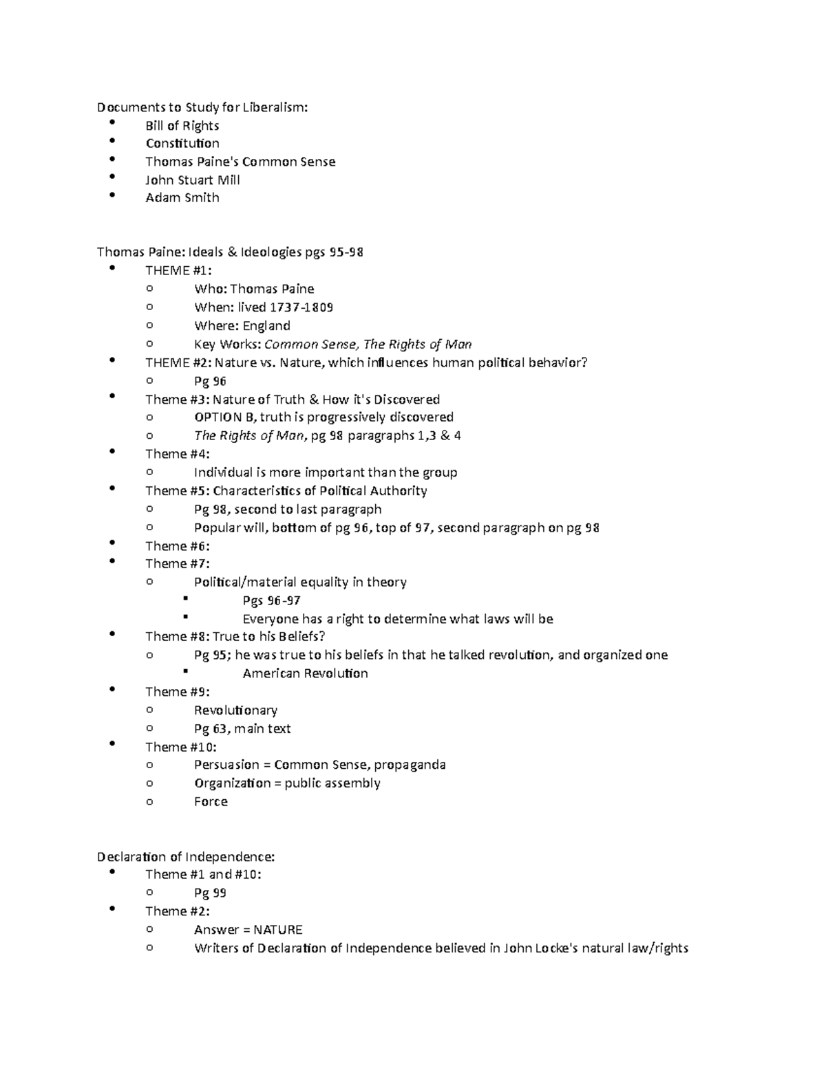 Intro to Poli Sci Theme Sheet Notes - Documents to Study for Liberalism ...