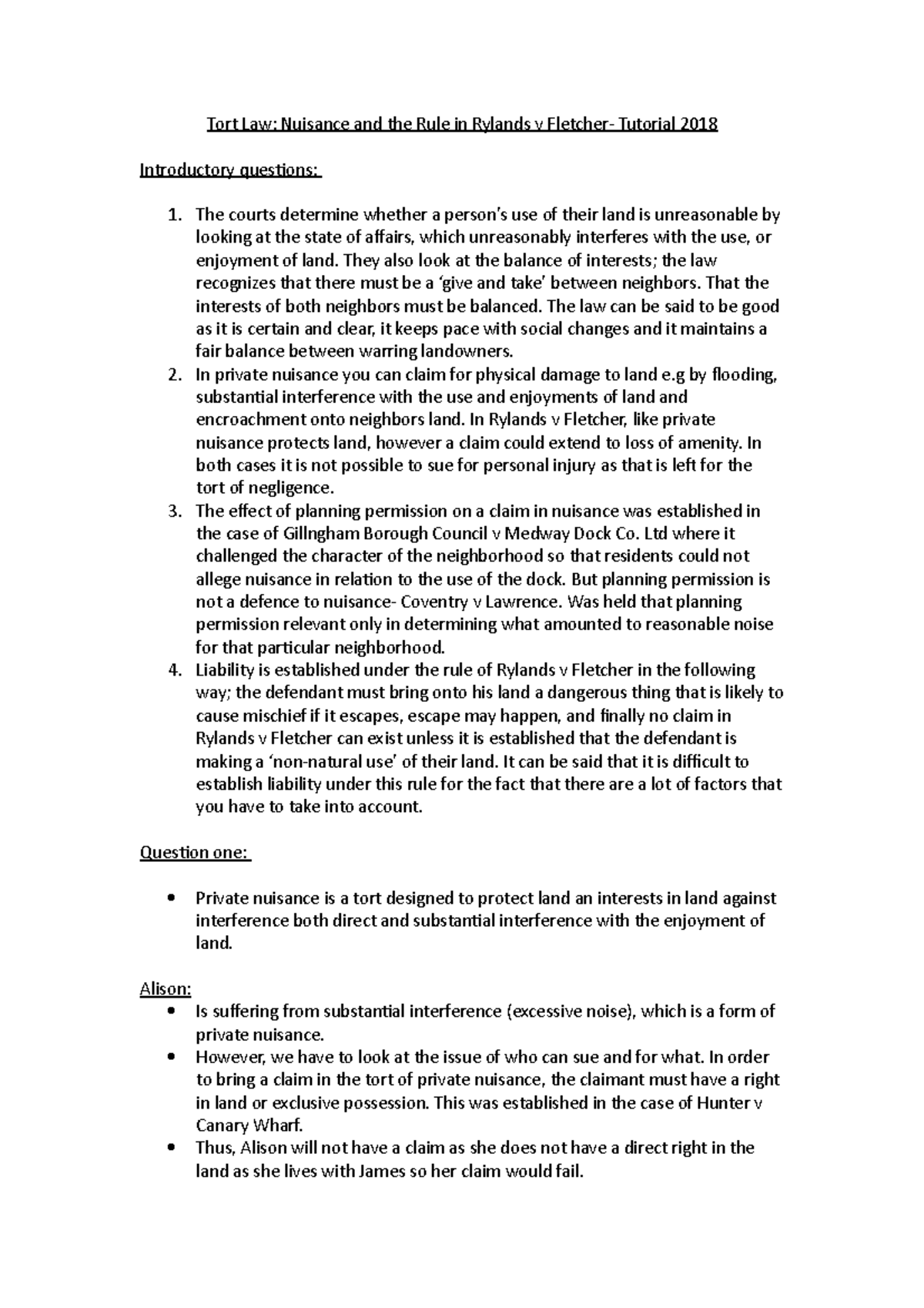 Nuisance and rule in Ryland v Fletcher Tutorial - Tort Law: Nuisance ...