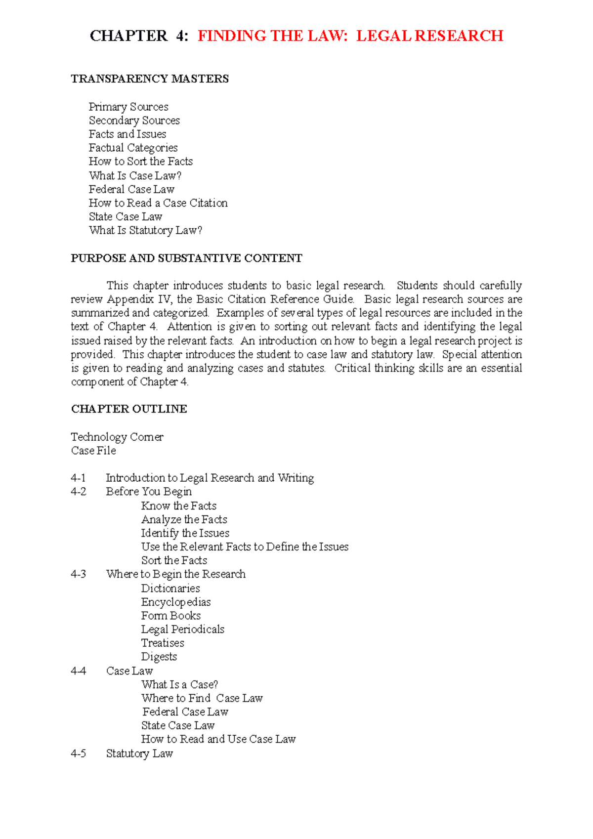 Ch04 Finding the Law Legal Research - CHAPTER 4: FINDING THE LAW: LEGAL ...