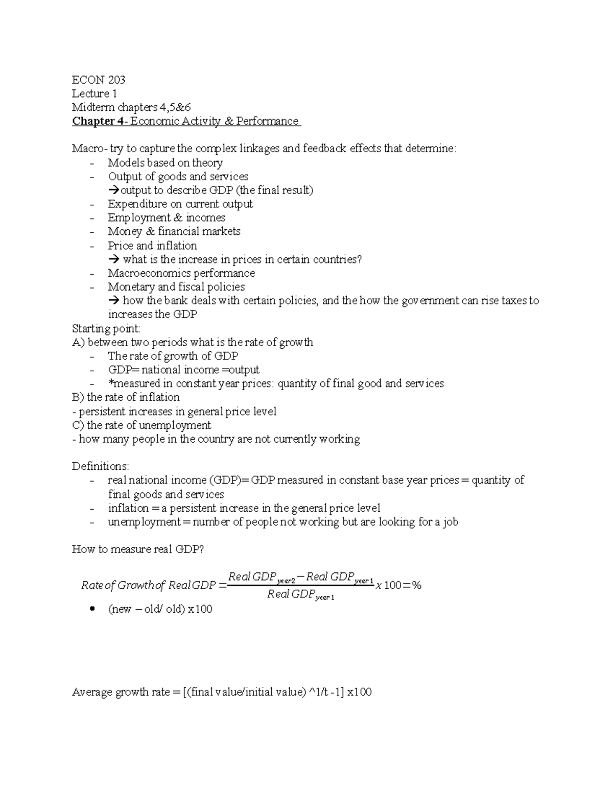 ECON 203 chapter 4 notes - ECON 203 Lecture 1 Midterm chapters 4,5 ...