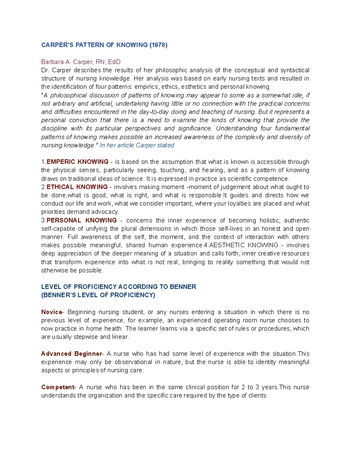 Topic 3 & 4 - CARPER'S PATTERN OF KNOWING (1978) Barbara A. Carper, RN ...