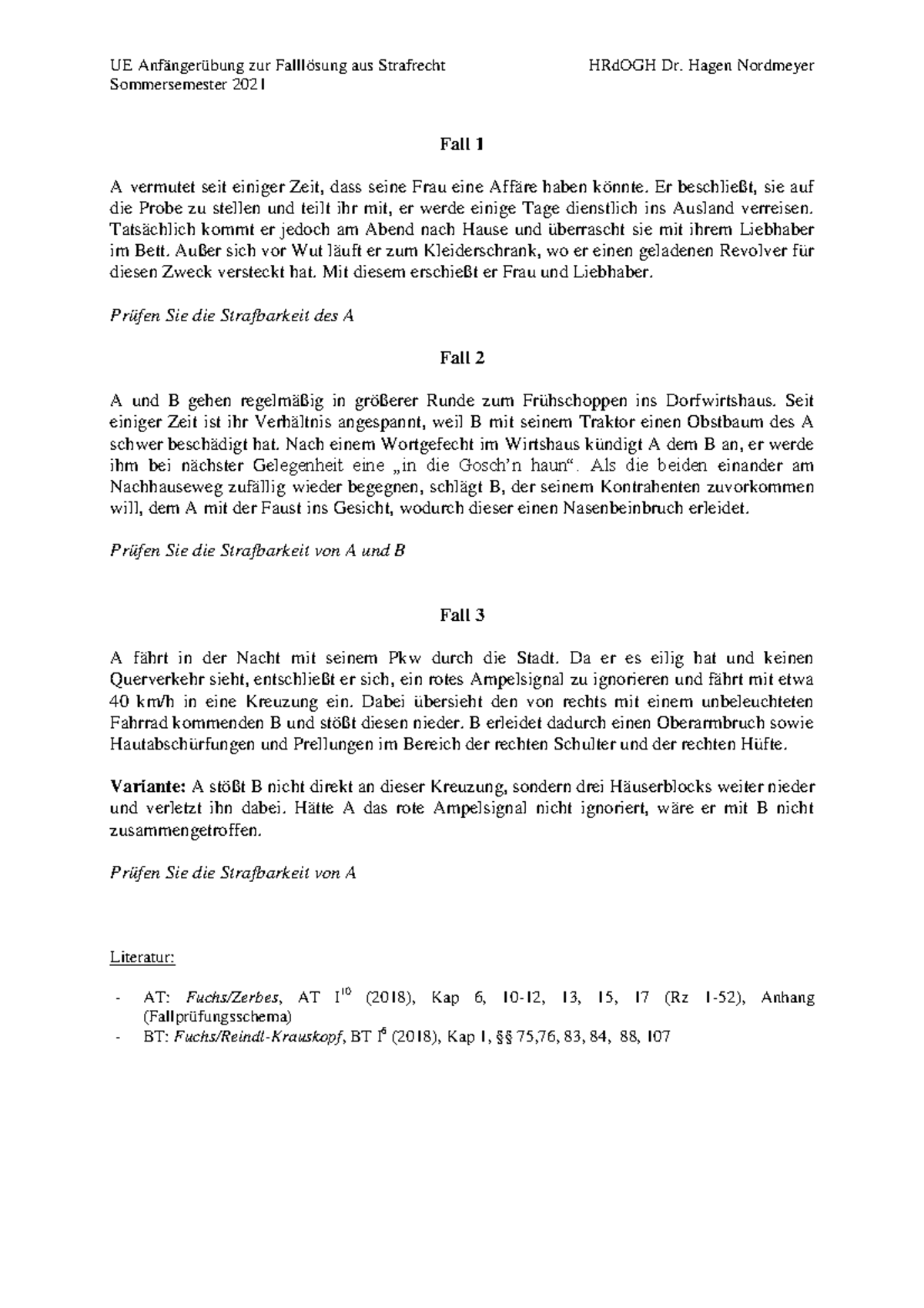 Beispielfälle 13 (Nordmeyer) UE Anfängerübung zur Falllösung aus Strafrecht HRdOGH Dr. Hagen