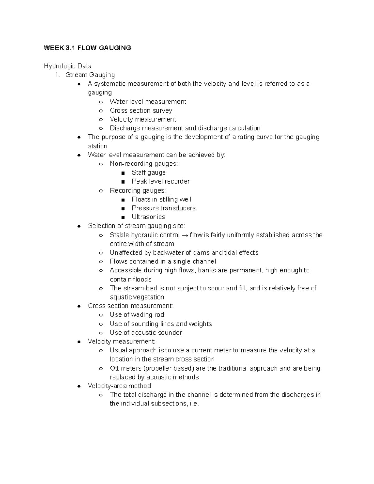 Hydrology Week 3 - WEEK 3 FLOW GAUGING H\drologic Data 1. Stream ...
