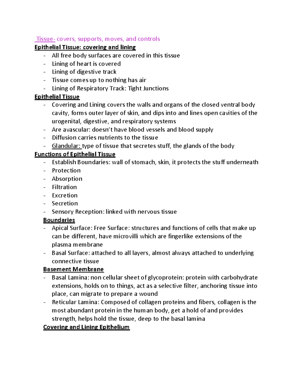 Anatomy notes (unit 2)-2 - Tissue- covers, supports, moves, and ...