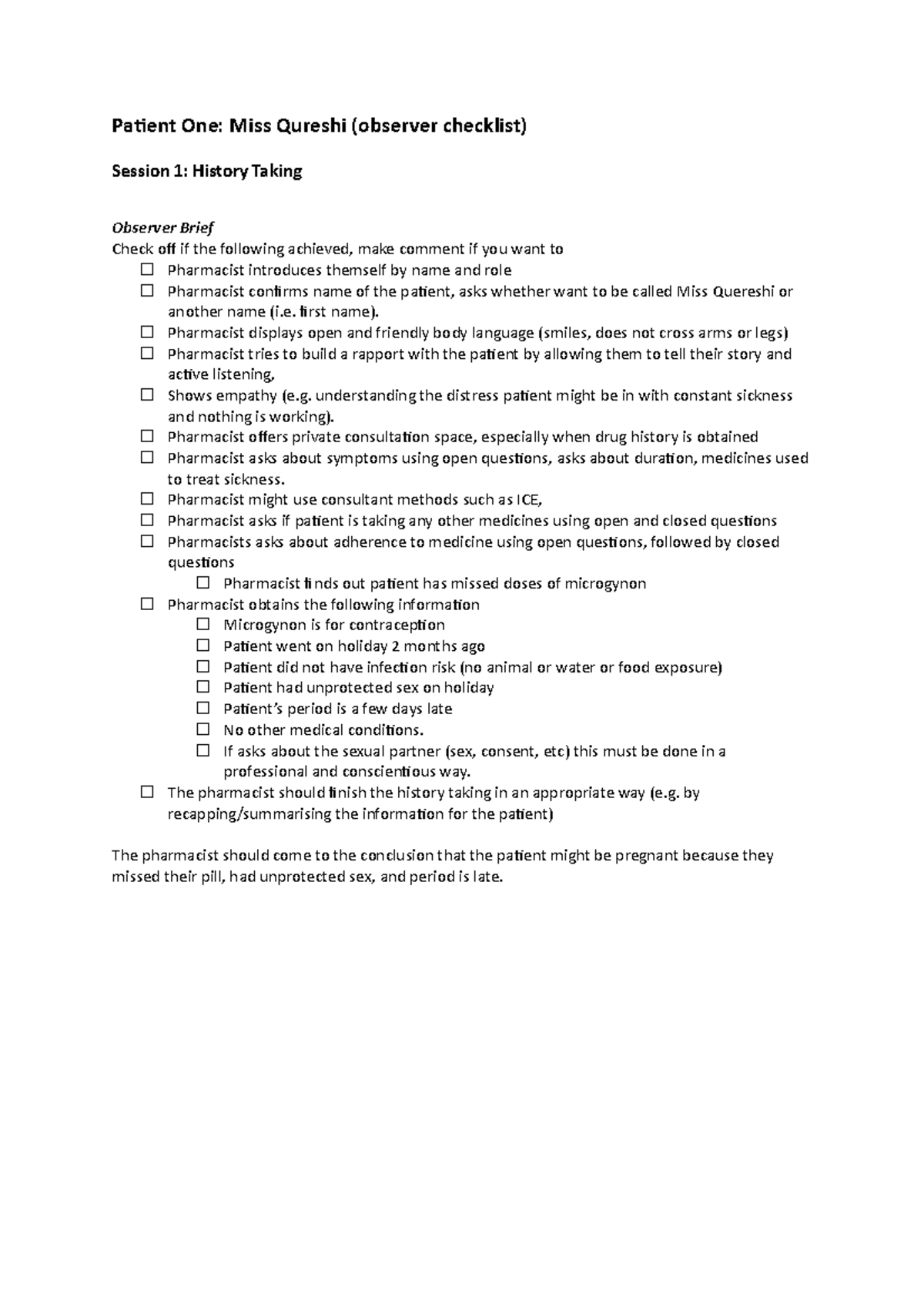 Miss Qureshi - Observer checklist - Patient One: Miss Qureshi (observer ...