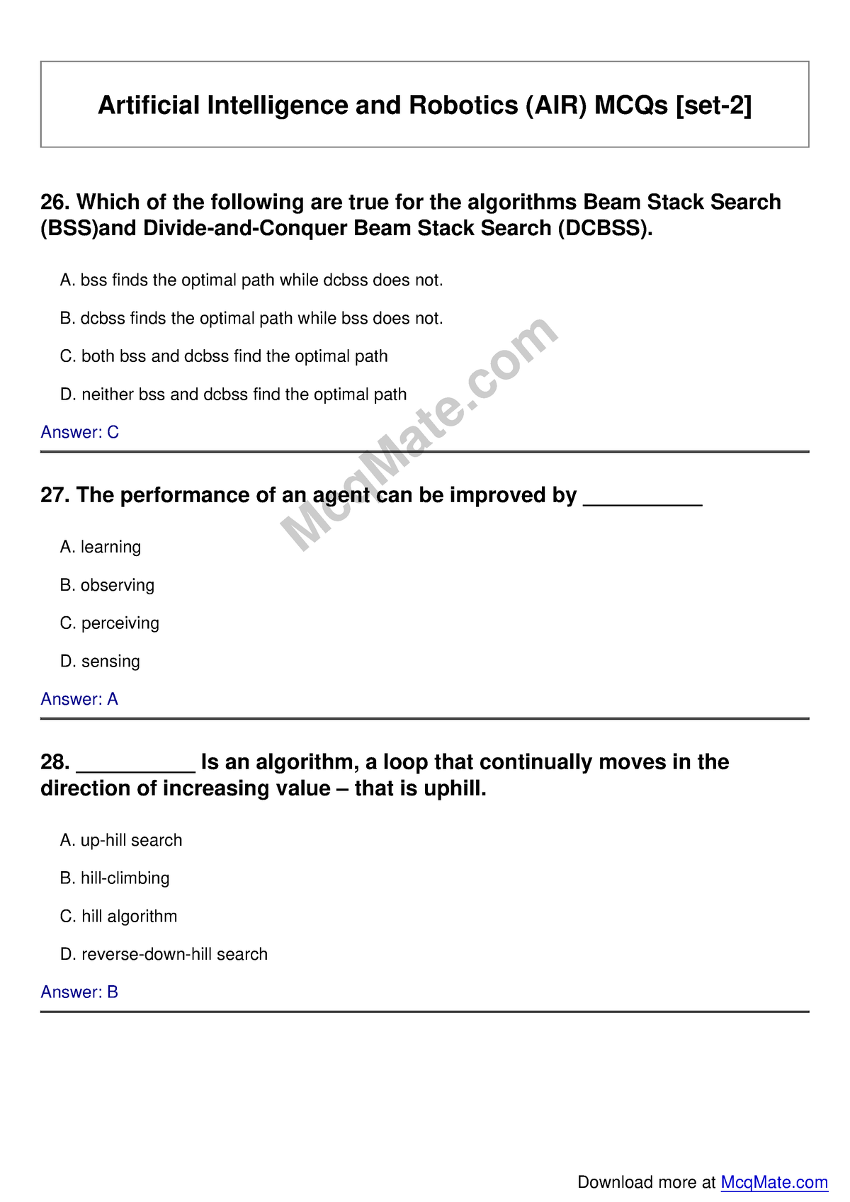 Artificial Intelligence And Robotics (AIR) Solved MCQs [set-2] Mcq Mate ...