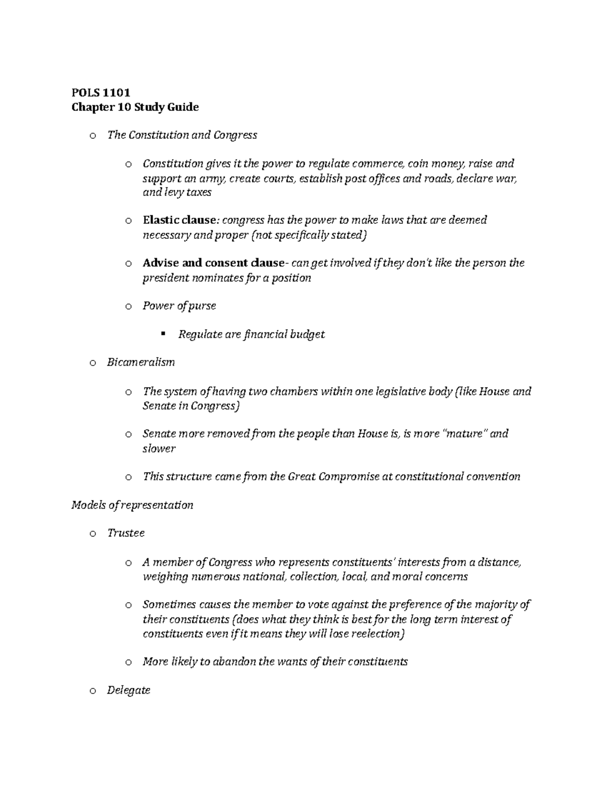 Unit 3 Study Guide Gov - POLS 1101 Chapter 10 Study Guide o The ...